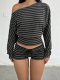 Chic Women's One-Shoulder Crop Top and Shorts Set - Perfect for Casual Lounging this Fall & Winter