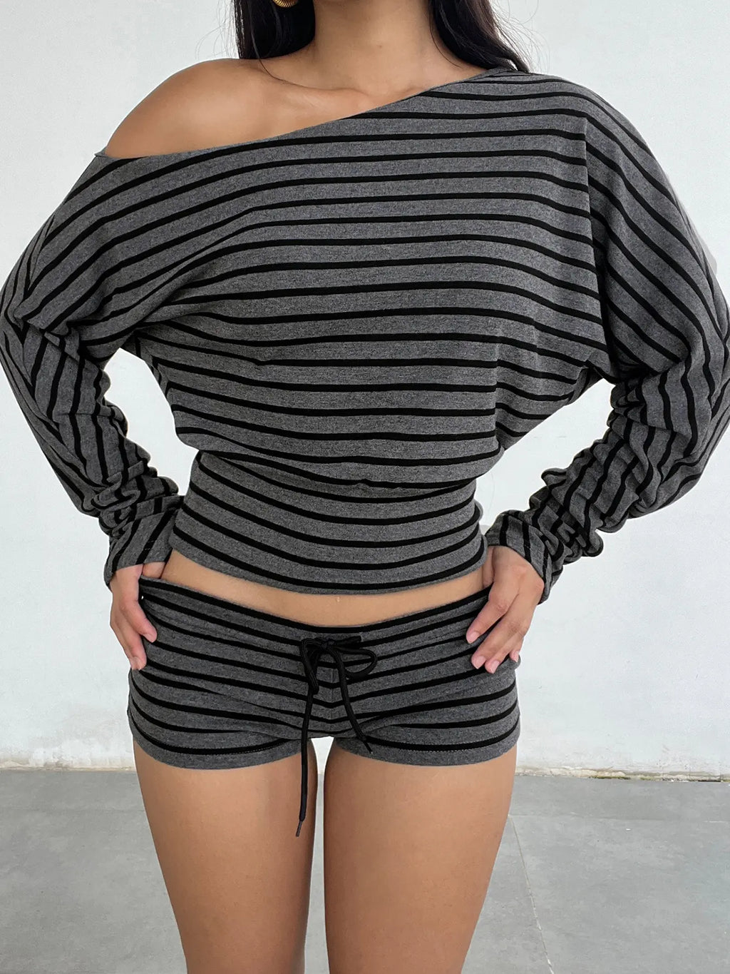 Chic Women's One-Shoulder Crop Top and Shorts Set - Perfect for Casual Lounging this Fall & Winter