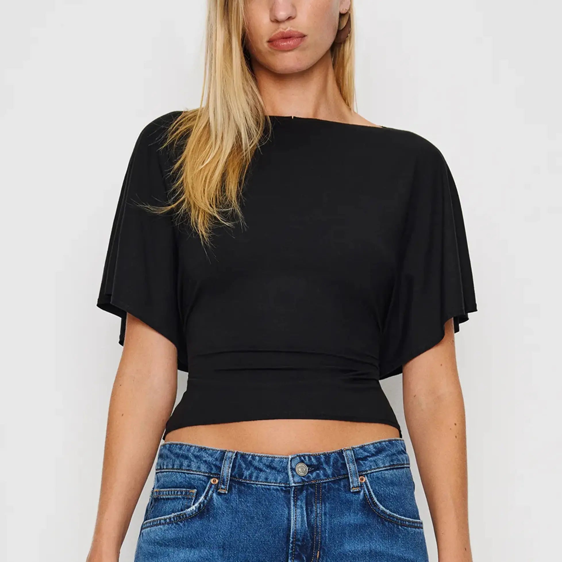 Songling Women'S Cinched Waist Shirt Short-Sleeve Boat Neck Knit Top Stylish Streetwear Basic Sports T-Shirt Top Casual